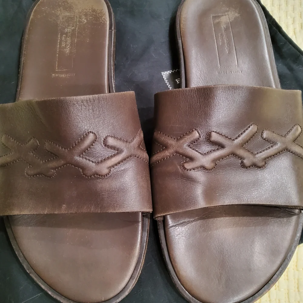 Ermenegildo Zegna Brown Leather Slides Size 10 with Dust Bags
